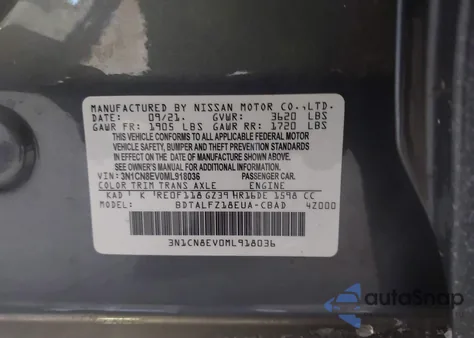 2021 Nissan Versa Sv Xtronic Cvt z USA, uszkodzony, nr VIN 3N1CN8EV0ML918036